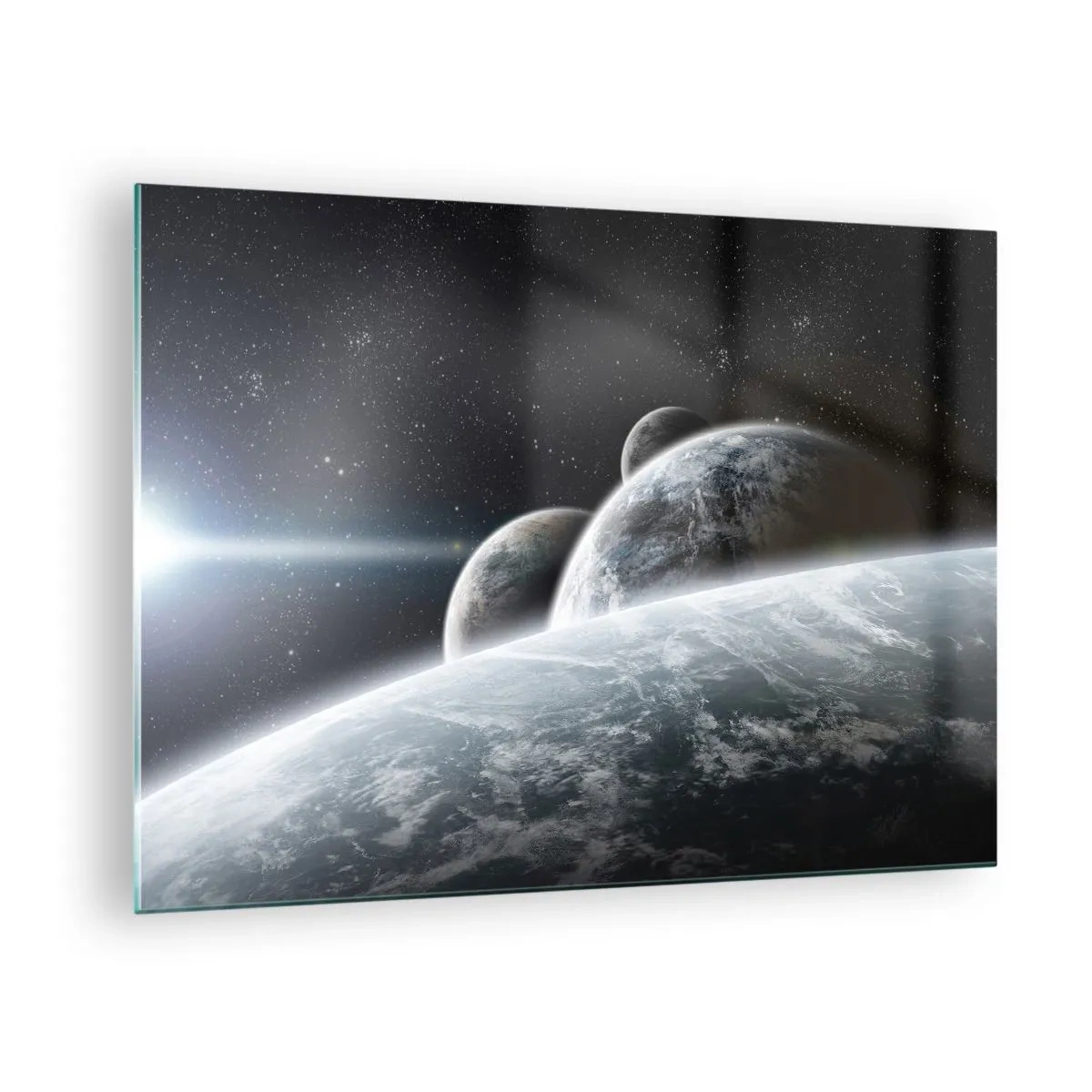 Impression sur verre - Image sur verre - Planètes dans l'espace avec un rayon de lumière - 70x50cm - Musique cosmique des sphères - Décoration murale moderne pour le salon et la chambre ARTTOR