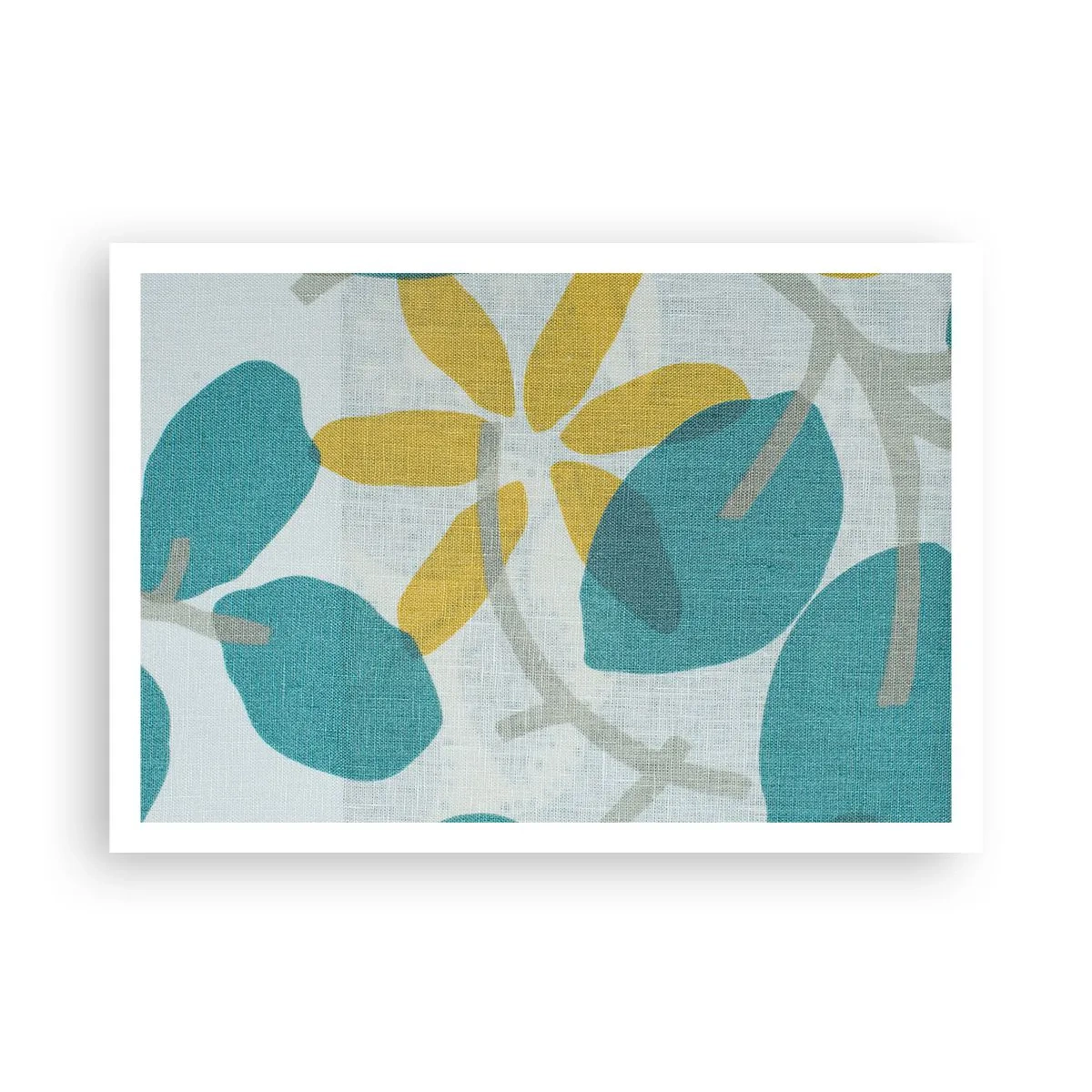 Affiche - Poster - Feuilles aux tons turquoise et jaune sur fond clair - 100x70cm - Wśród lazurowych liści - Décoration murale moderne pour le salon et la chambre ARTTOR