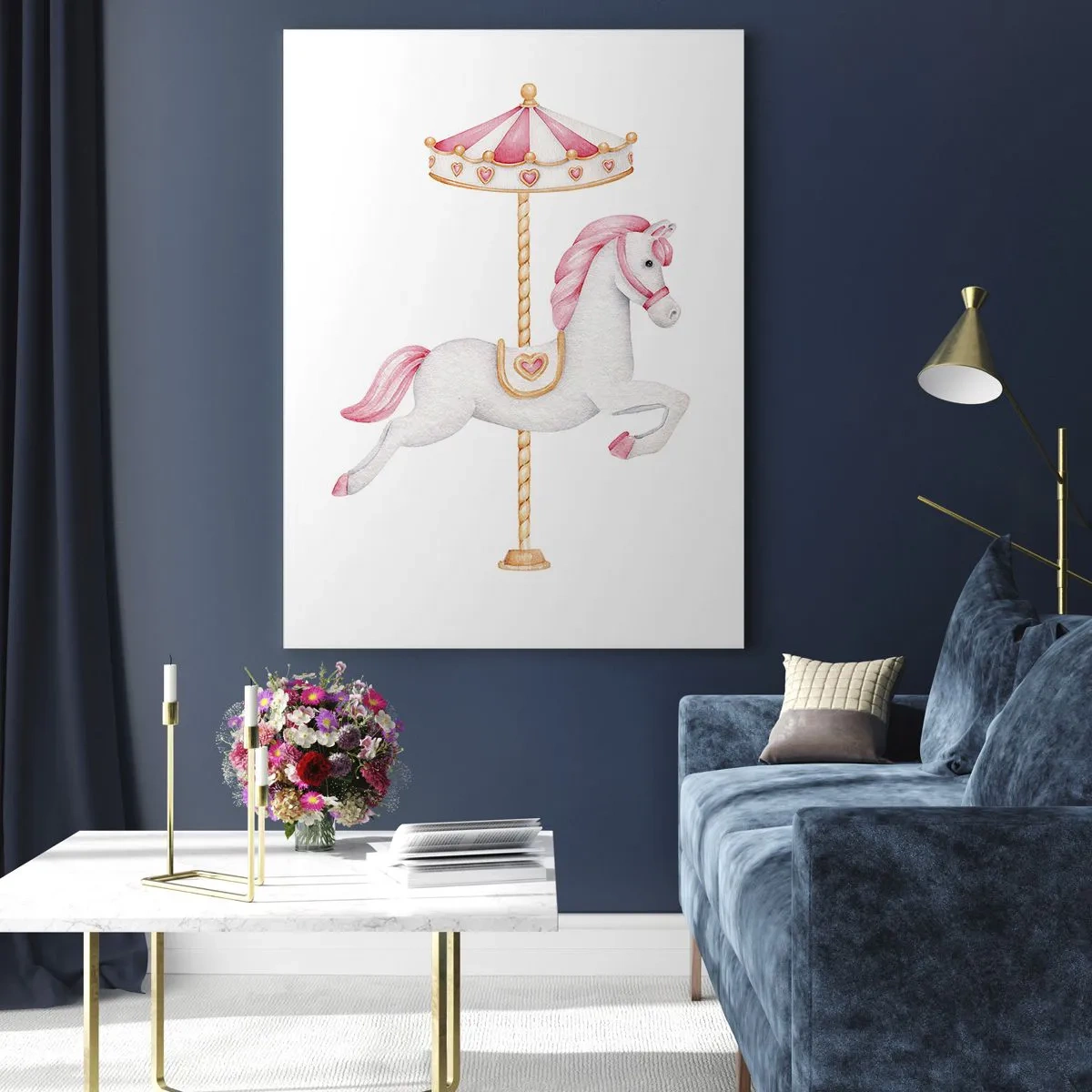 Impression sur verre - Image sur verre - Cheval de carrousel rose et blanc sur fond blanc - 50x70cm - Les sabots en avant - Décoration murale moderne pour le salon et la chambre ARTTOR