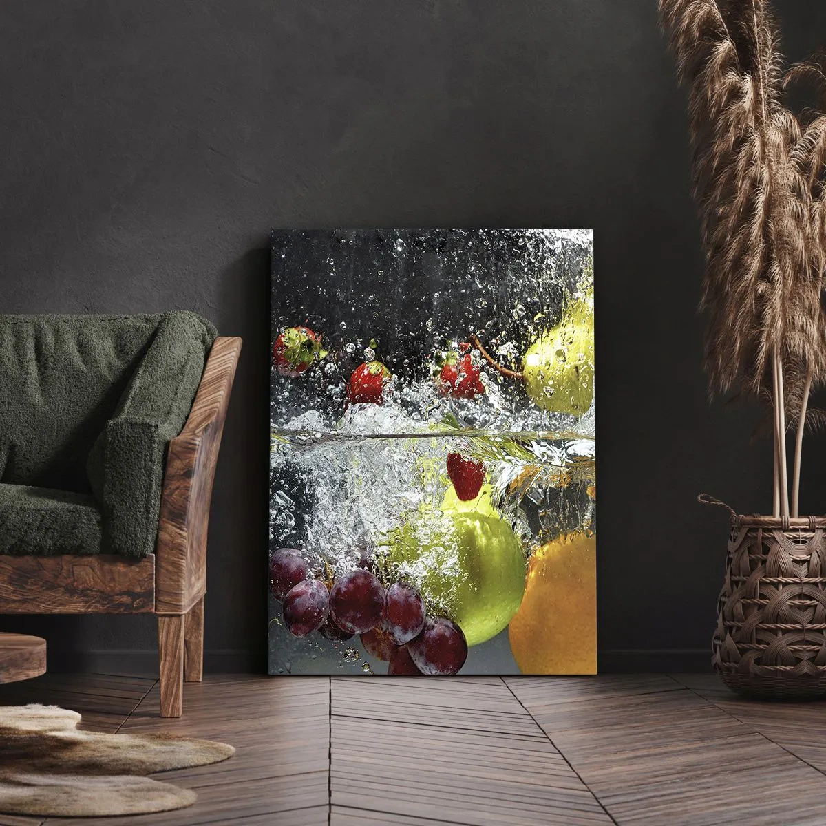 Impression sur toile - Image sur toile - Fruits colorés dans l'eau lors d'une immersion dynamique - 50x70cm - Rafraîchissement fruité - Décoration murale moderne pour le salon et la chambre ARTTOR