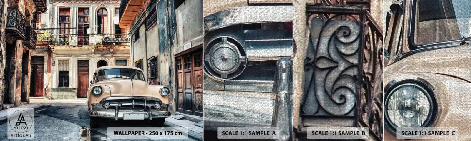 Échantillon de Papier Peint Premium Canvas - Sieste à La Havane - Voiture ancienne, Architecture, Ville - 100x30 cm
