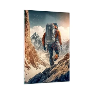 Impression sur verre - Image sur verre - Un grimpeur sur un sentier de montagne dans un paysage hivernal - 80x120cm - Guerrier solitaire - Décoration murale moderne pour le salon et la chambre ARTTOR