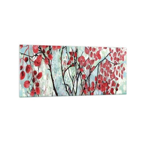 Impression sur verre - Image sur verre - Feuilles rouges sur un ciel lumineux avec des motifs abstraits - 120x50cm - Arbre en écarlate - Décoration murale moderne pour le salon et la chambre ARTTOR