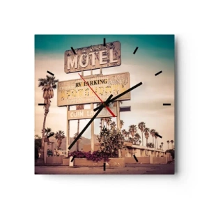 Horloge murale - Pendule murale - Panneau de motel rétro entouré de palmiers - 30x30cm - Ici, le temps s'est arrêté - Décoration murale moderne pour le salon et la chambre ARTTOR