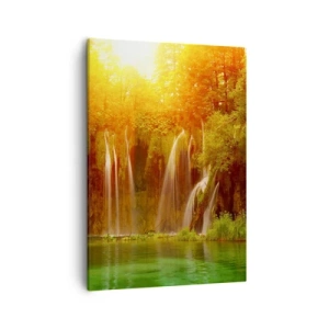 Impression sur toile - Image sur toile - Cascades entourées de verdure dans la lueur du soleil couchant - 50x70cm - Au soleil et à l'ombre - Décoration murale moderne pour le salon et la chambre ARTTOR