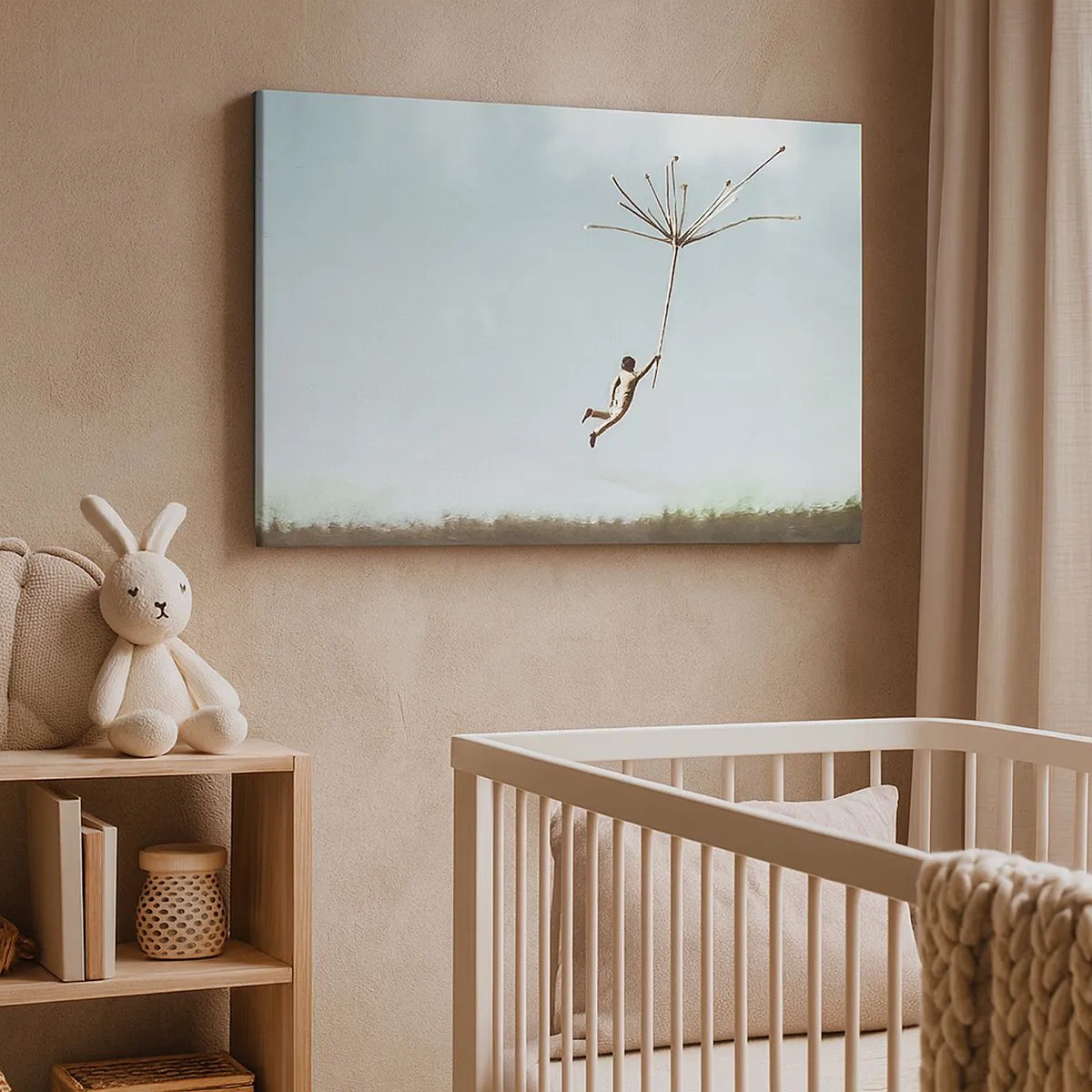 Impression sur toile - Image sur toile - Une silhouette soulevée par une grosse graine de pissenlit - 70x50cm - Cerfs-volants, pissenlits, vent - Décoration murale moderne pour le salon et la chambre ARTTOR