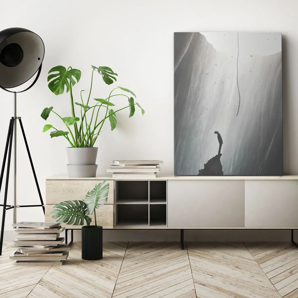 Impression sur toile - Image sur toile - Silhouette d'un homme sur le sol d'une grotte avec vue sur la lumière - 70x100cm - Il y a toujours une issue - Décoration murale moderne pour le salon et la chambre ARTTOR