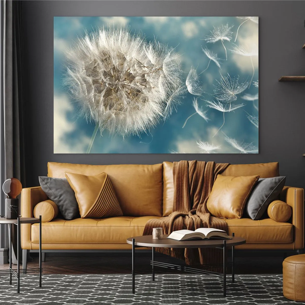 Impression sur verre - Image sur verre - Un pissenlit délicat contre le ciel avec des graines flottantes - 70x50cm - souffle d'ange - Décoration murale moderne pour le salon et la chambre ARTTOR