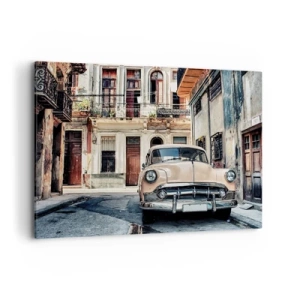 Impression sur toile - Image sur toile - Une voiture classique sur fond d'architecture urbaine - 100x70cm - Sieste à La Havane - Décoration murale moderne pour le salon et la chambre ARTTOR