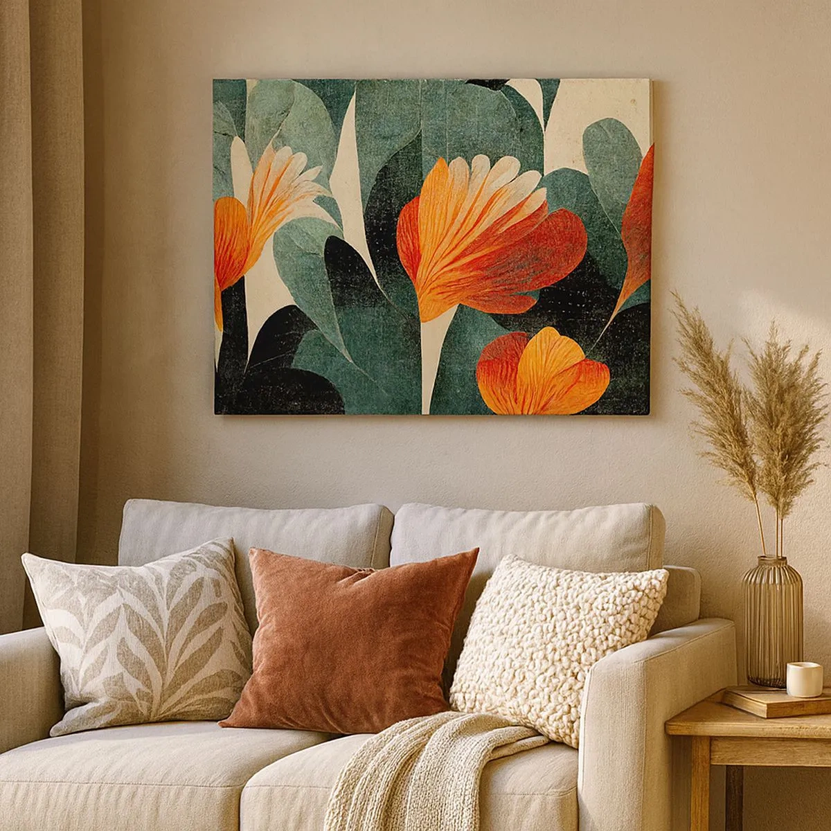 Impression sur toile - Image sur toile - Fleurs aux tons intenses d'orange et de vert - 70x50cm - La chaleur des tropiques et la fraîcheur de la verdure - Décoration murale moderne pour le salon et la chambre ARTTOR