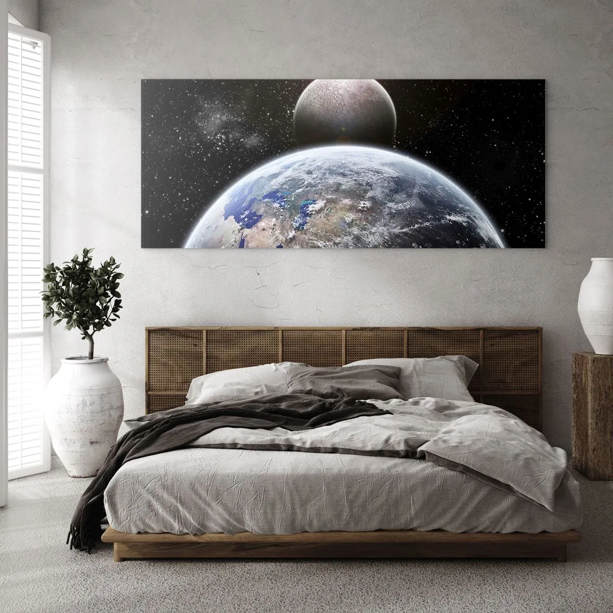Impression sur verre - Image sur verre - La planète Terre et la Lune sur fond d'espace étoilé. - 160x50cm - Paysage cosmique - lever de soleil - Décoration murale moderne pour le salon et la chambre ARTTOR
