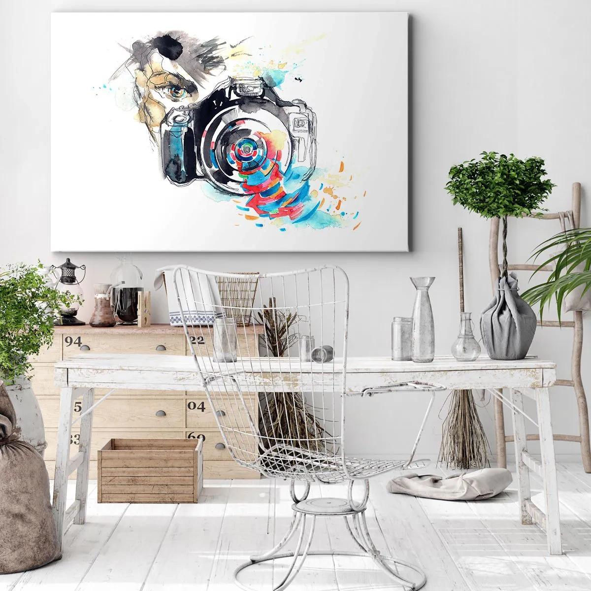 Impression sur toile - Image sur toile - Appareil photo aquarelle avec des détails colorés - 100x70cm - Dans l'oeil de l'objectif - Décoration murale moderne pour le salon et la chambre ARTTOR