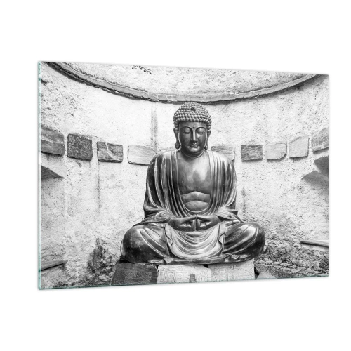 Impression sur verre - Image sur verre - Statue de Bouddha en noir et blanc dans une pose méditative - 120x80cm - A la source de la paix - Décoration murale moderne pour le salon et la chambre ARTTOR