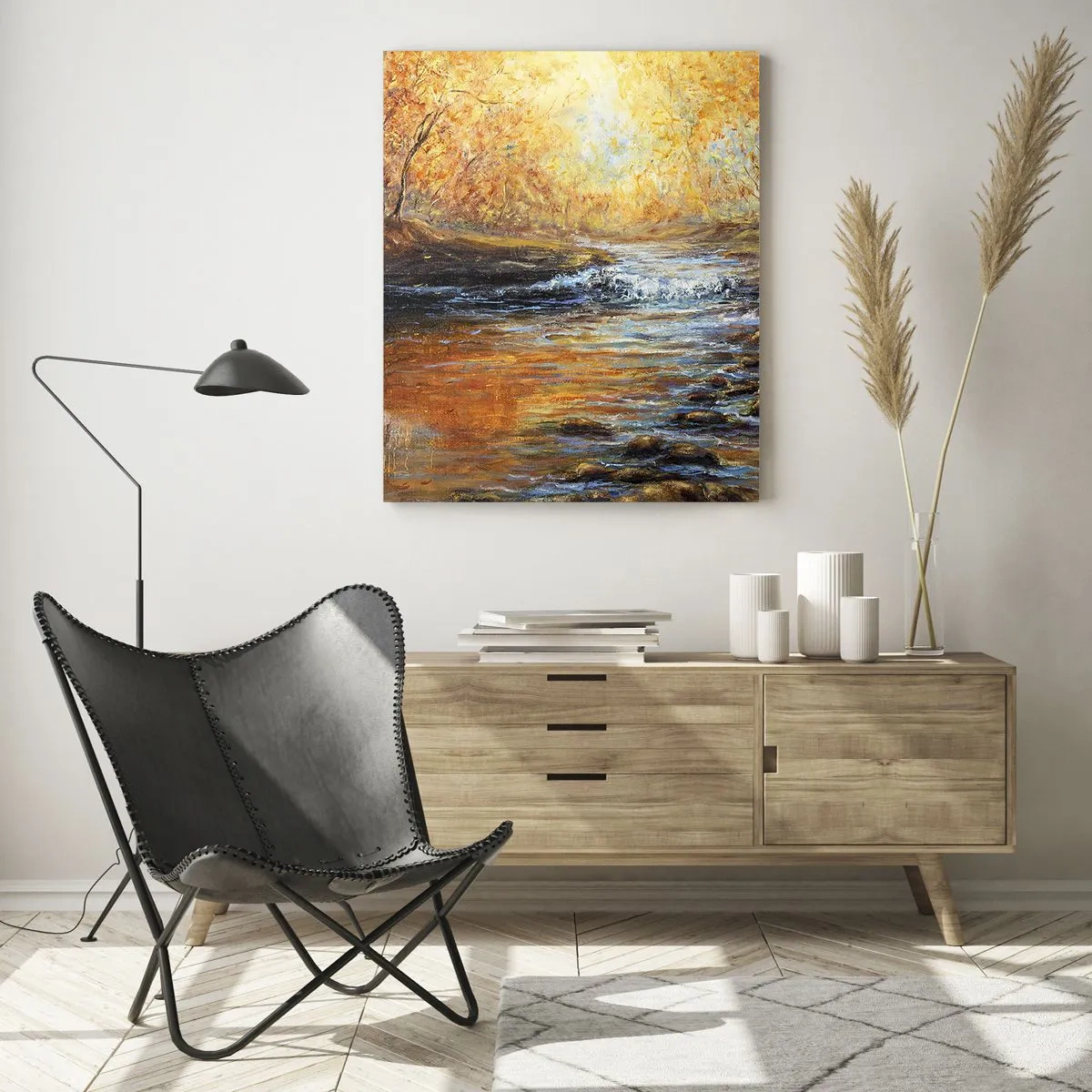 Impression sur verre - Image sur verre - Un ruisseau doré dans la forêt entouré d'arbres d'automne - 50x70cm - Le ruisseau d'or - Décoration murale moderne pour le salon et la chambre ARTTOR