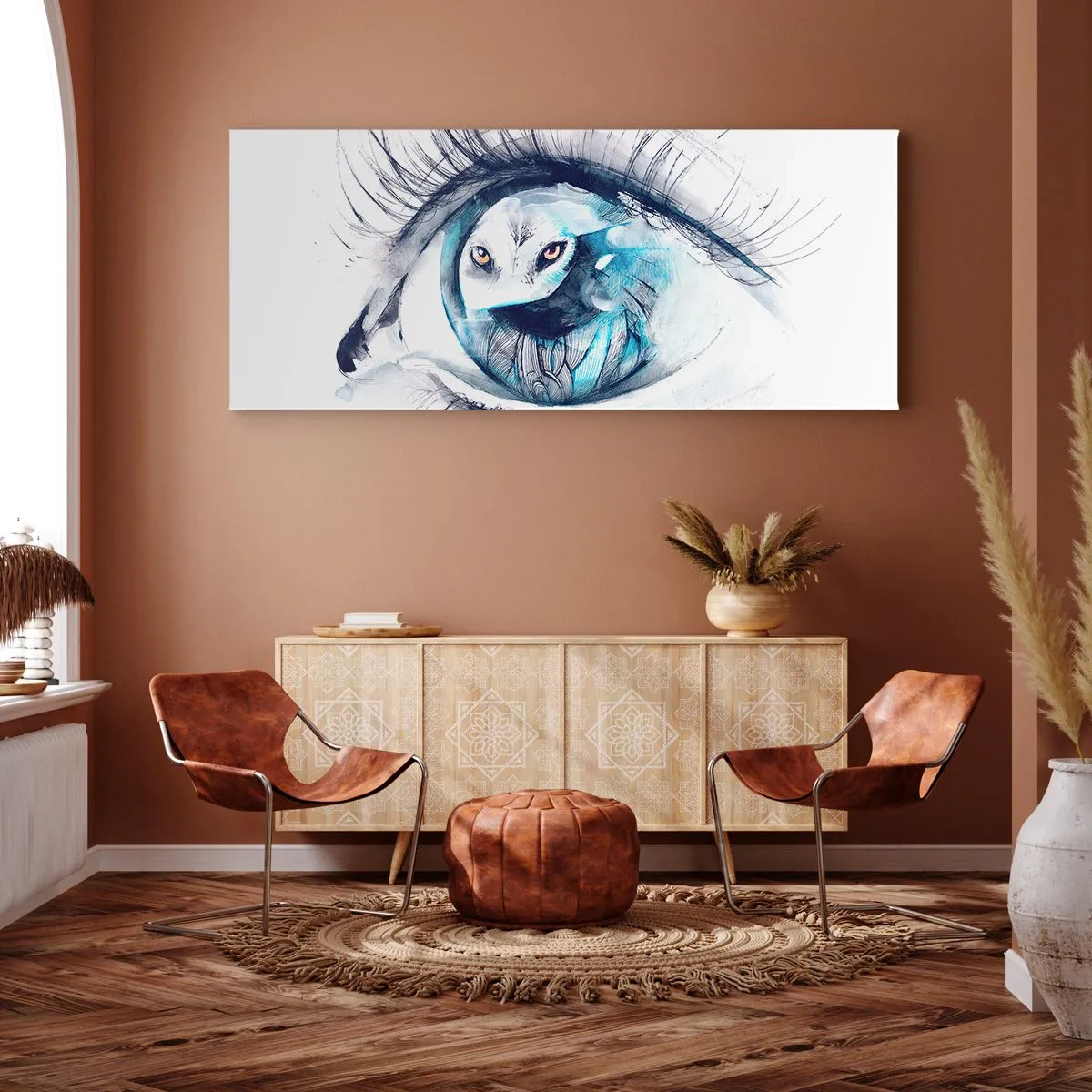 Impression sur toile - Image sur toile - Un œil avec une image d'un hibou dans des tons bleus à l'aquarelle - 140x50cm - Face à face avec la nature sauvage - Décoration murale moderne pour le salon et la chambre ARTTOR