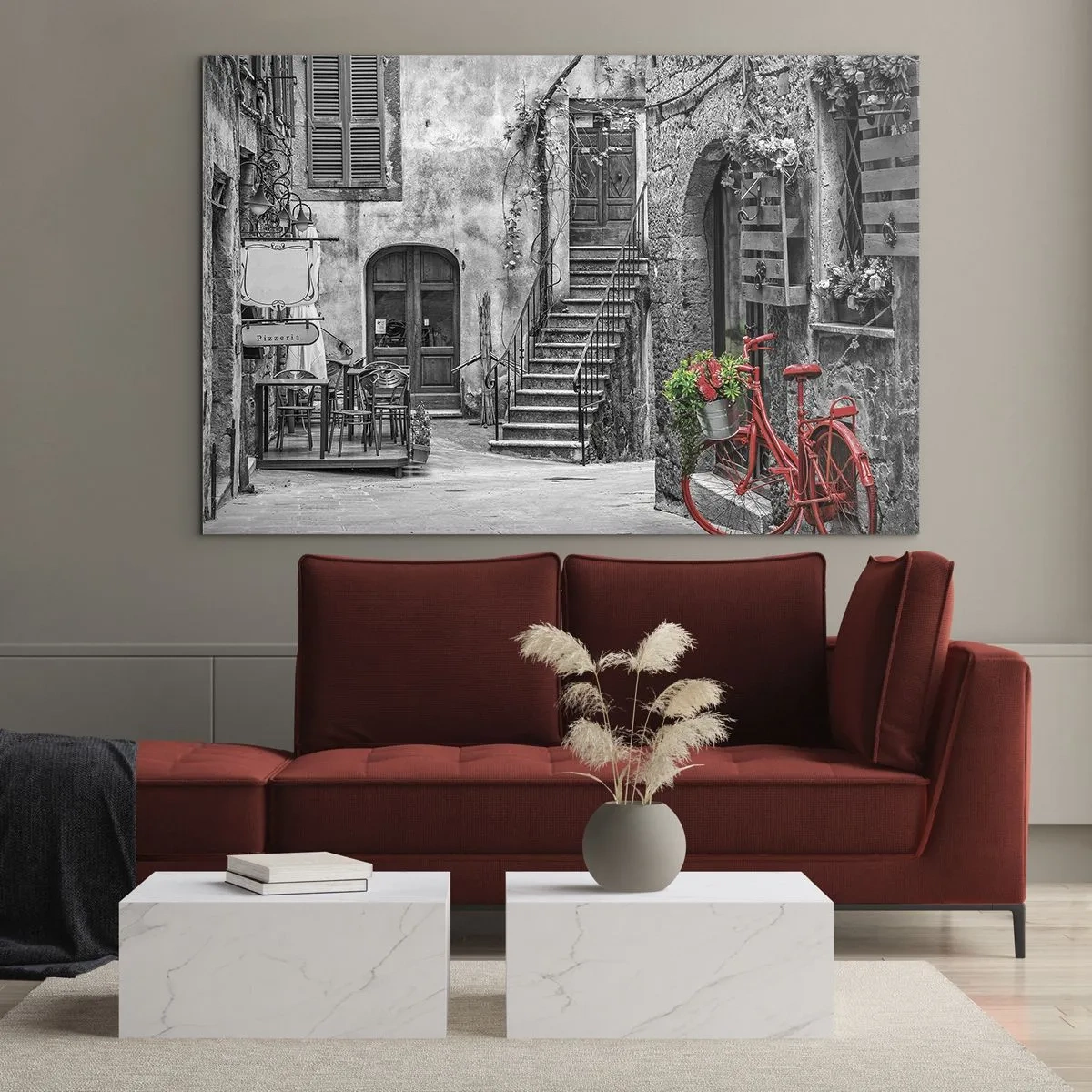 Impression sur verre - Image sur verre - Rue en noir et blanc avec un vélo rouge - 70x50cm - Ruelle toscane - Décoration murale moderne pour le salon et la chambre ARTTOR