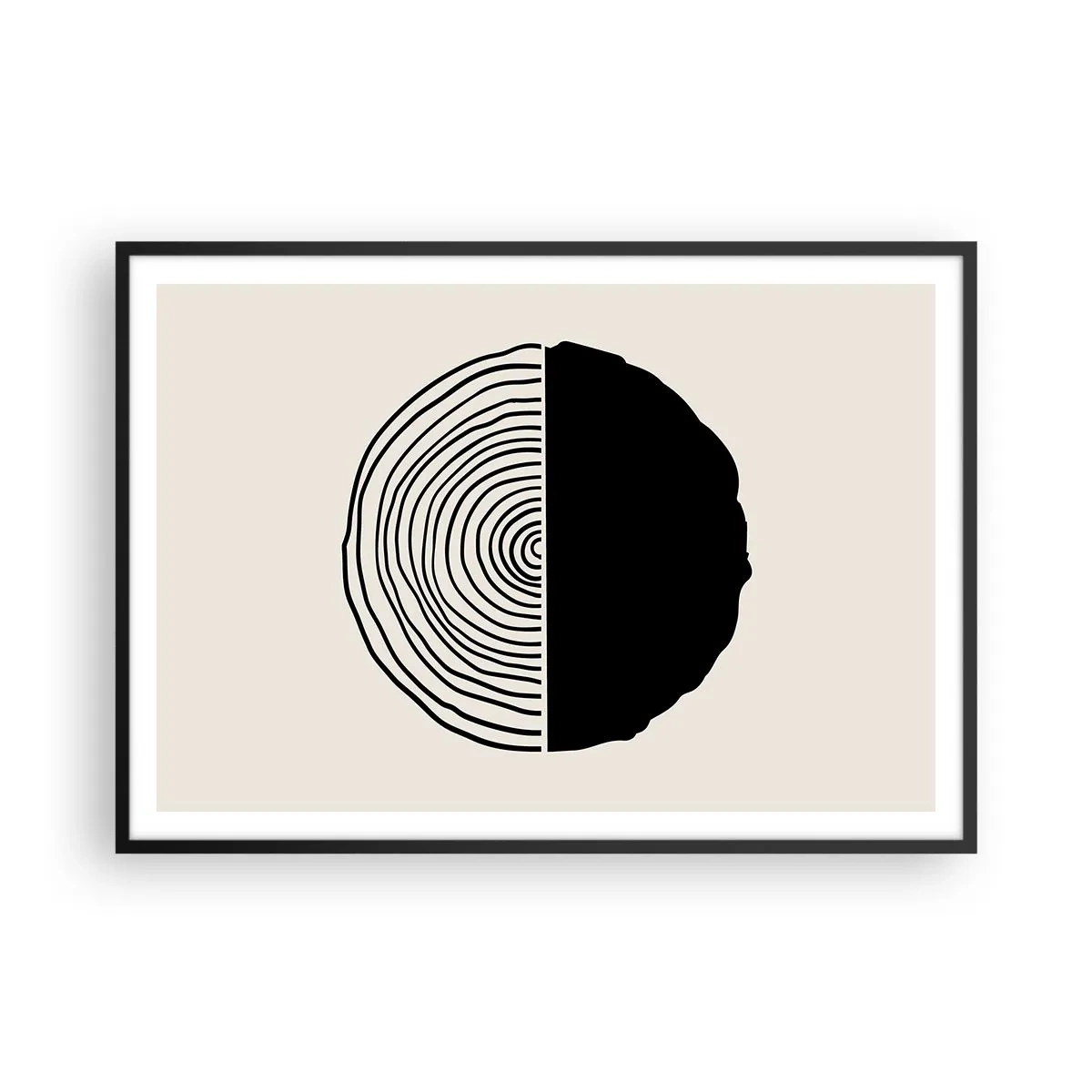 Affiche dans un cadre noir - Poster - Un motif abstrait en noir et blanc inspiré d'une coupe transversale de bois avec une division géométrique. - 100x70cm - Moitié-moitié - Décoration murale moderne pour le salon et la chambre ARTTOR