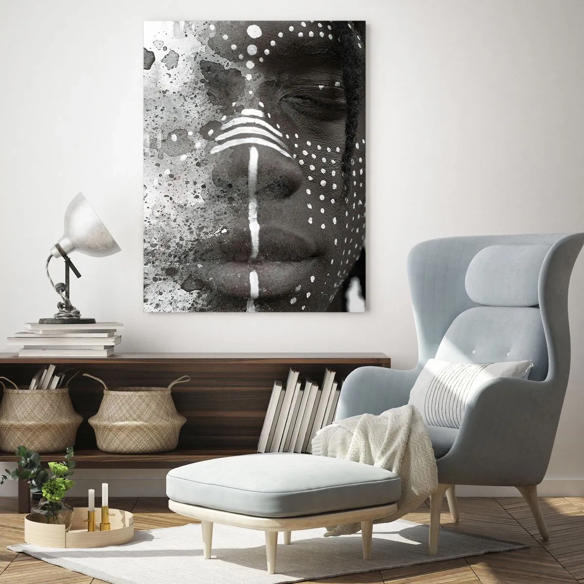 Impression sur verre - Image sur verre - Portrait aux motifs ethniques en noir et blanc avec un effet aquarelle - 50x70cm - Découvrez l'esprit primal - Décoration murale moderne pour le salon et la chambre ARTTOR
