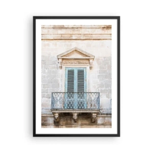 Affiche dans un cadre noir - Poster - Balcon historique aux volets bleus de style méditerranéen - 50x70cm - Le charme unique de l'Italie - Décoration murale moderne pour le salon et la chambre ARTTOR