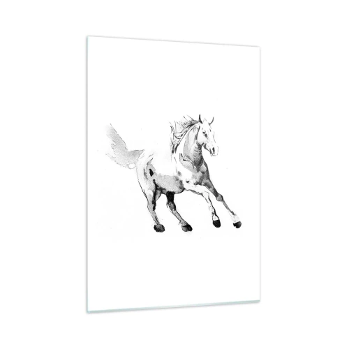 Impression sur verre - Image sur verre - Croquis noir et blanc d'un cheval au galop sur fond blanc - 50x70cm - Âme indomptée - Décoration murale moderne pour le salon et la chambre ARTTOR