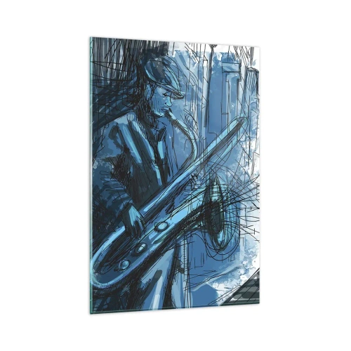 Impression sur verre - Image sur verre - Une silhouette jouant du saxophone sur fond de ville - 80x120cm - Rhapsodie urbaine - Décoration murale moderne pour le salon et la chambre ARTTOR