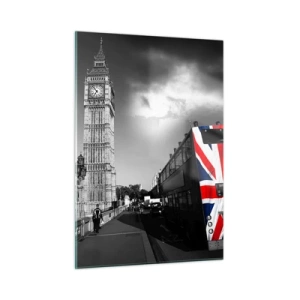 Impression sur verre - Image sur verre - Big Ben et un bus avec un drapeau britannique - 50x70cm - Fière et grande - Décoration murale moderne pour le salon et la chambre ARTTOR