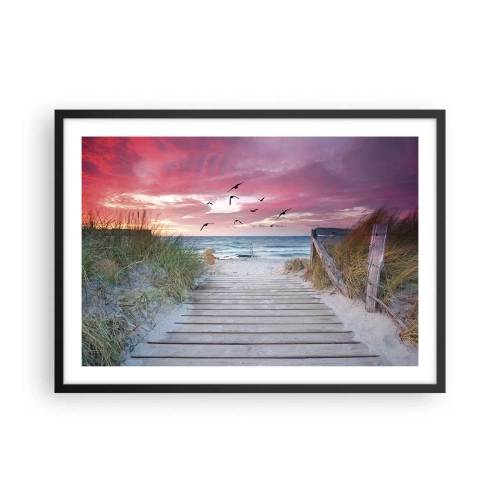Affiche dans un cadre noir - Poster - Chemin en bois sur la plage au coucher du soleil rose - 70x50cm - Impression de la Baltique - Décoration murale moderne pour le salon et la chambre ARTTOR