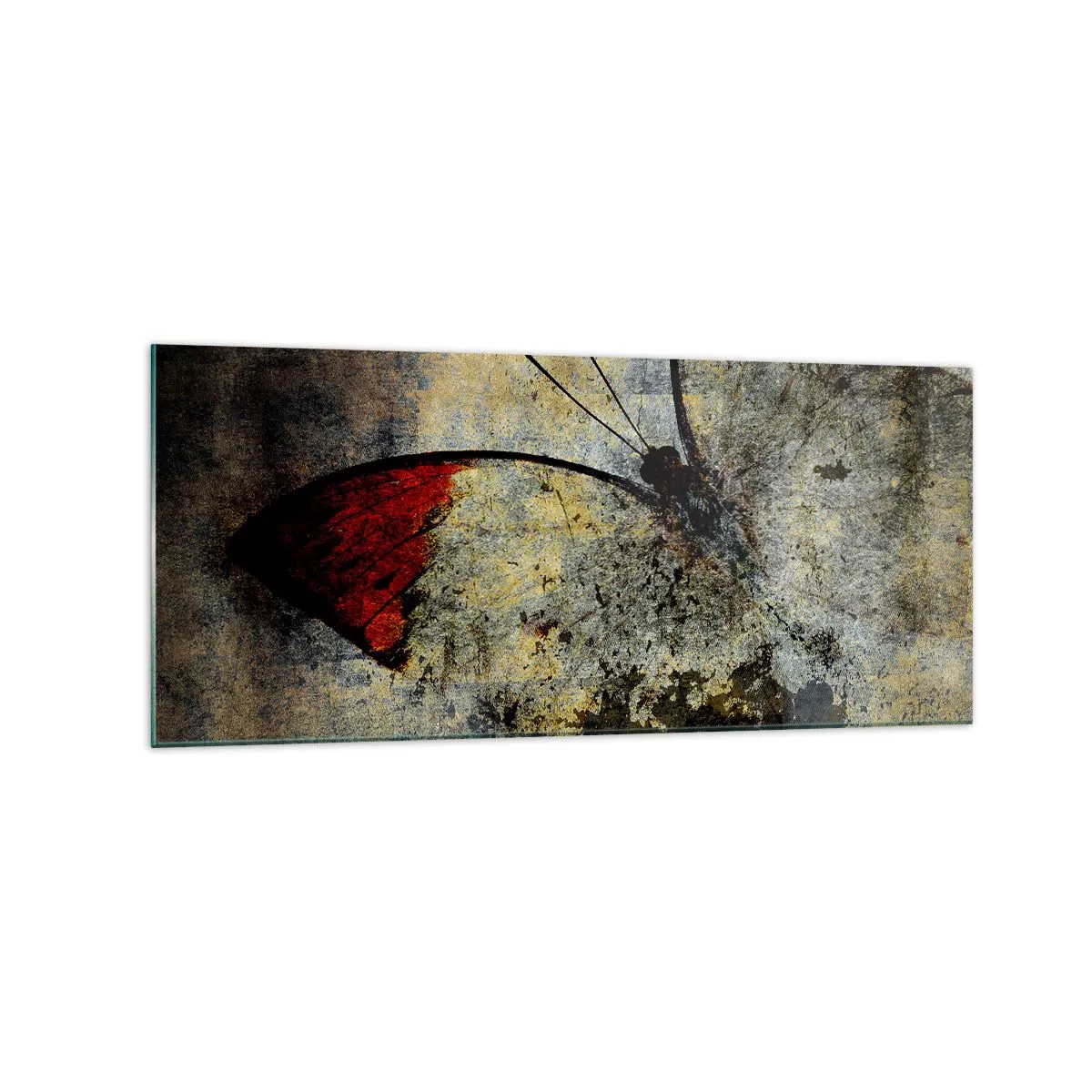 Impression sur verre - Image sur verre - Un papillon dans les tons de rouge et de gris sur un fond texturé - 120x50cm - Regarde avant que je disparaisse - Décoration murale moderne pour le salon et la chambre ARTTOR