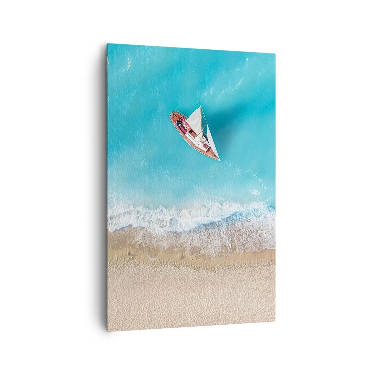 Impression sur toile - Image sur toile - Vue aérienne d'un bateau sur la plage - 80x120cm - A la frontière de l'azur et de l'or - Décoration murale moderne pour le salon et la chambre ARTTOR