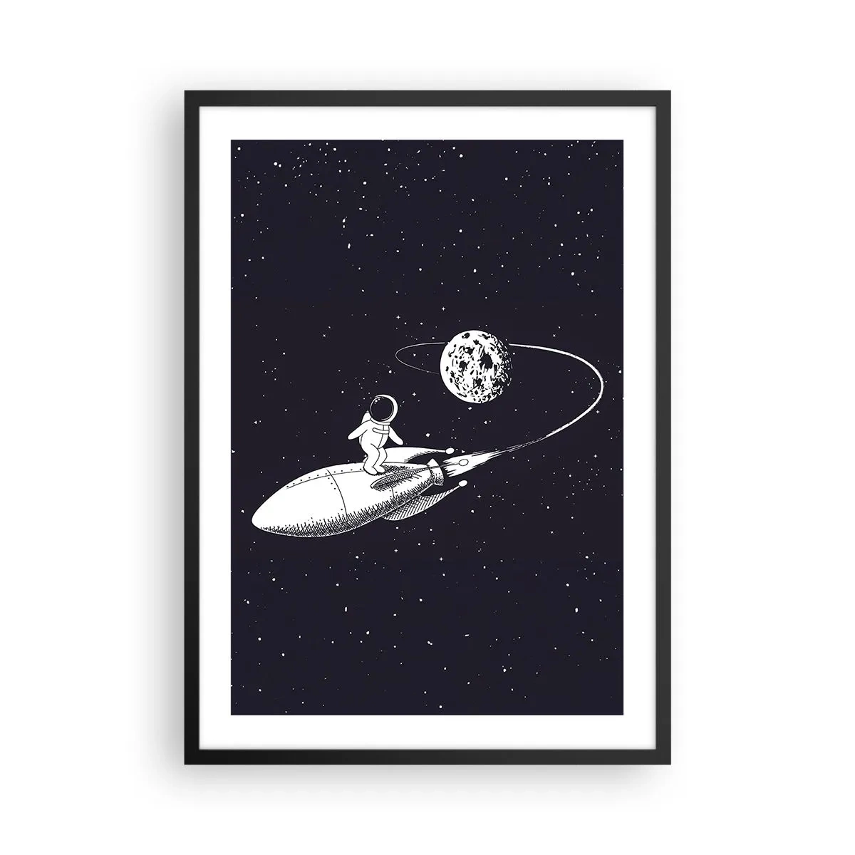 Affiche dans un cadre noir - Poster - Un astronaute debout sur une fusée volant dans l'espace - 50x70cm - Surfeur de l'espace - Décoration murale moderne pour le salon et la chambre ARTTOR