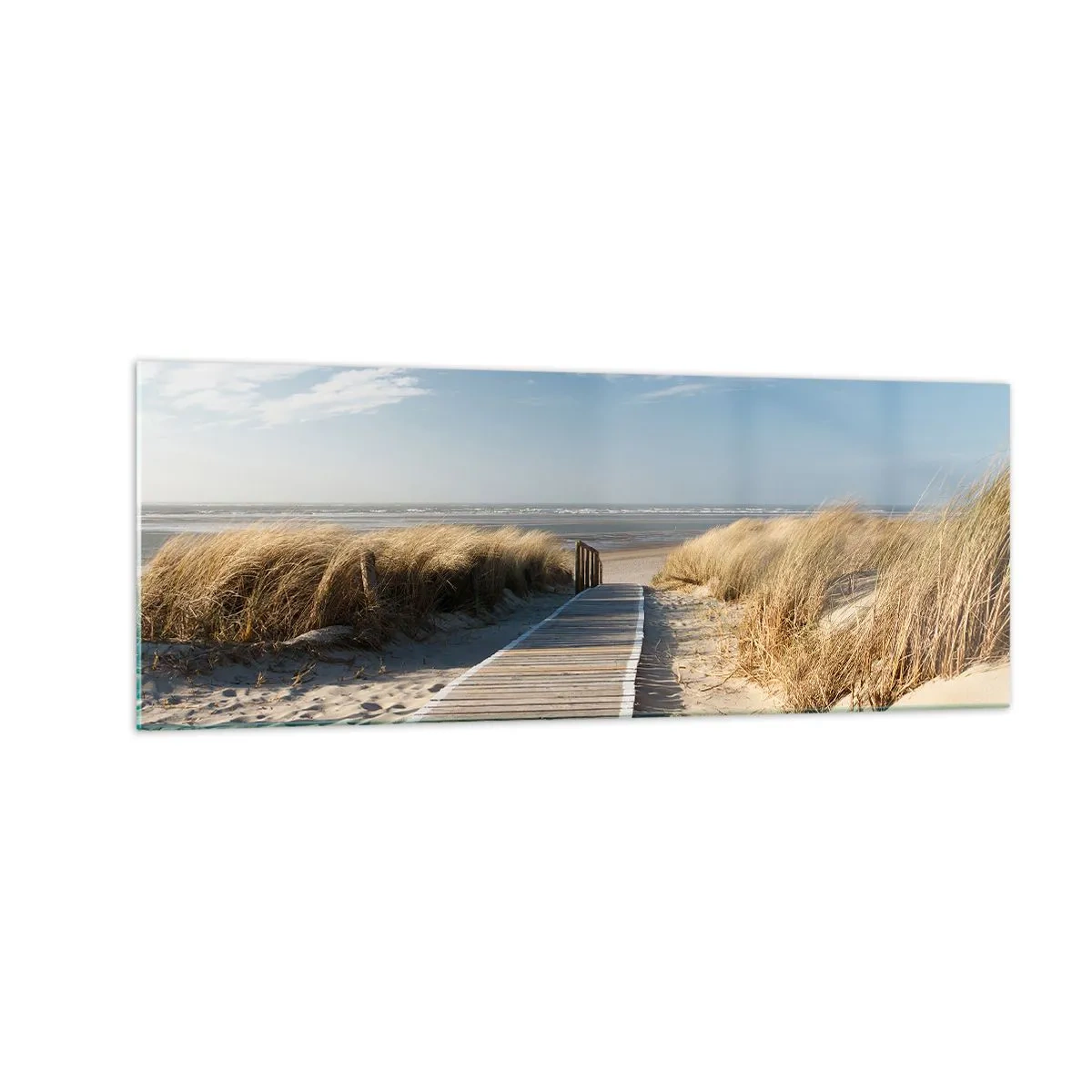 Impression sur verre - Image sur verre - Un chemin en bois mène à travers les dunes jusqu'à la mer calme - 140x50cm - Derrière la dune, dans le bruissement de l'herbe - Décoration murale moderne pour le salon et la chambre ARTTOR