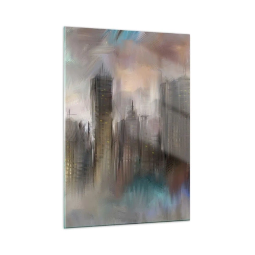 Impression sur verre - Image sur verre - Image abstraite d'une ville avec des gratte-ciel - 50x70cm - Une composition d'acier, de pierre et de brouillard - Décoration murale moderne pour le salon et la chambre ARTTOR