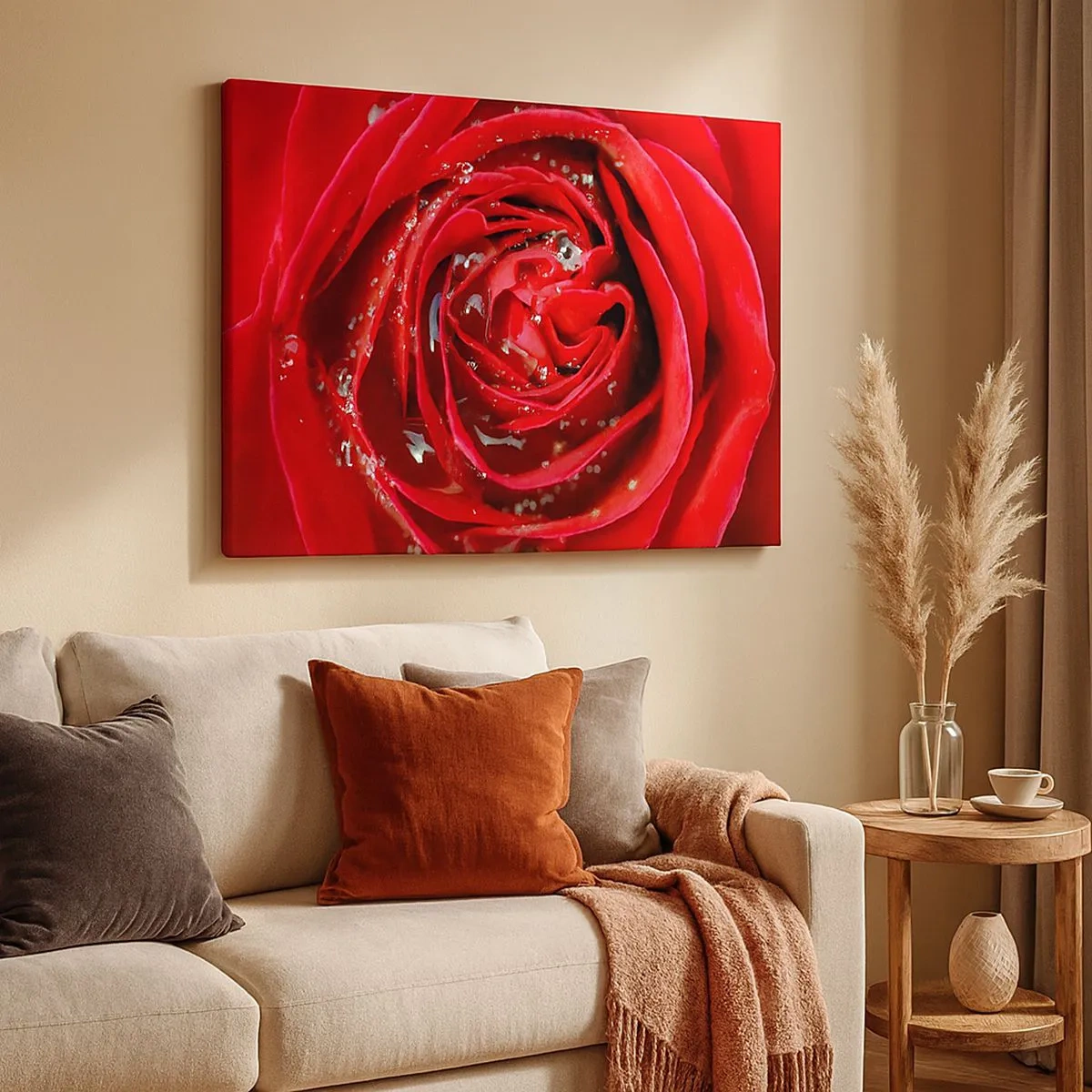 Impression sur toile - Image sur toile - Gros plan d'une rose rouge avec des gouttes d'eau sur les pétales - 70x50cm - Dans les gouttes de rosée - Décoration murale moderne pour le salon et la chambre ARTTOR