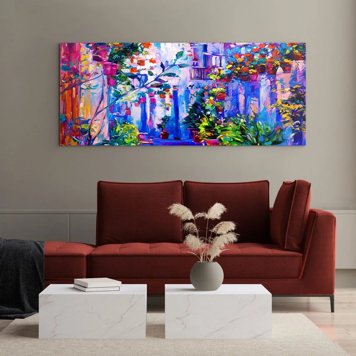 Impression sur verre - Image sur verre - Une rue colorée pleine de fleurs - 120x50cm - Impression - une rue italienne - Décoration murale moderne pour le salon et la chambre ARTTOR