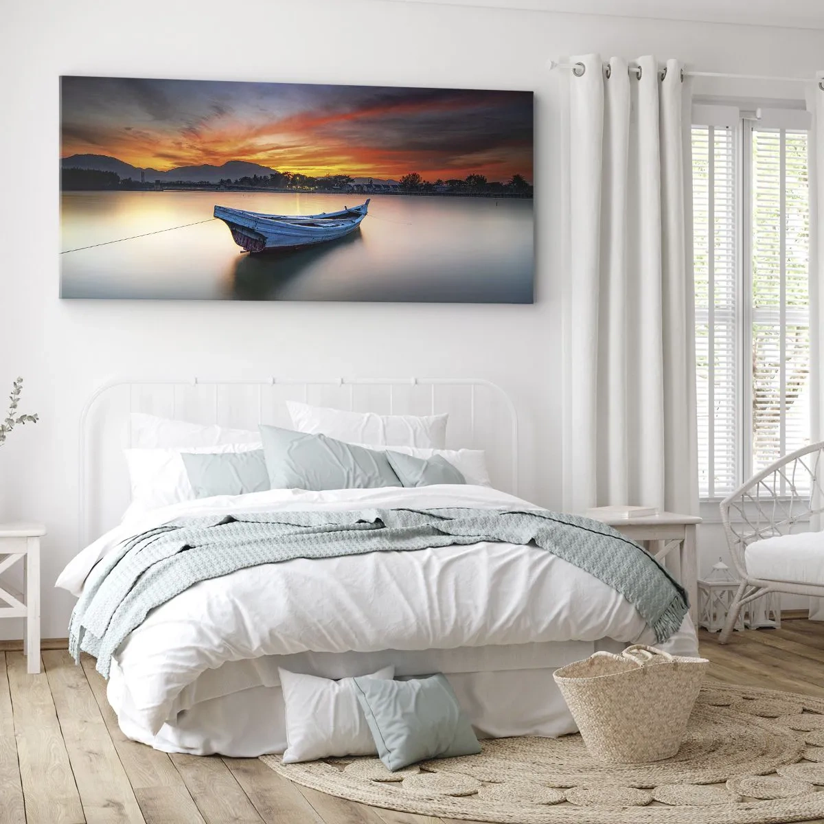 Impression sur toile - Image sur toile - Un bateau sur l'eau pendant un coucher de soleil pittoresque - 160x50cm - Une bonne nuit arrive - Décoration murale moderne pour le salon et la chambre ARTTOR