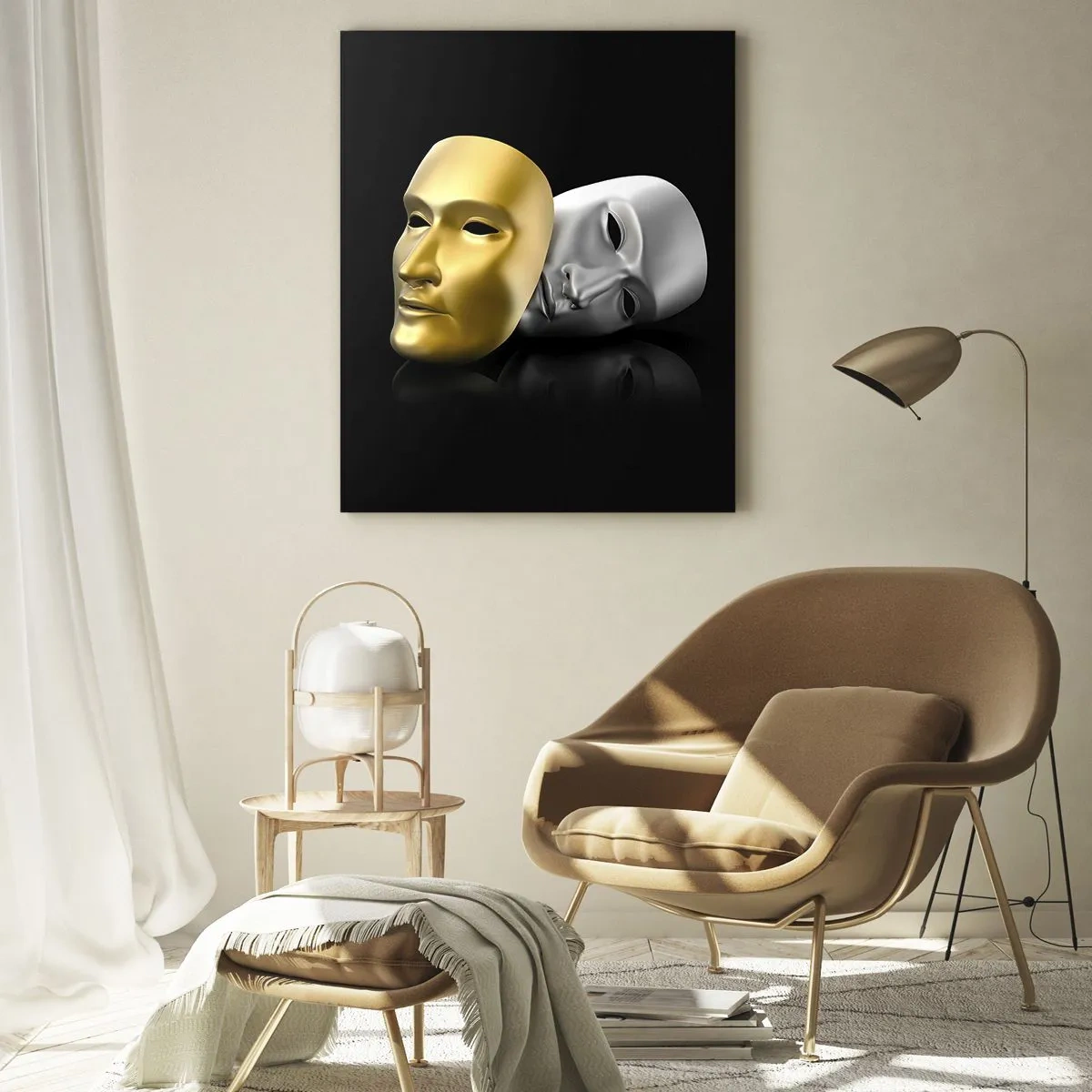 Impression sur verre - Image sur verre - Masque d'or et d'argent sur fond noir - 70x100cm - La vie est un théâtre - Décoration murale moderne pour le salon et la chambre ARTTOR