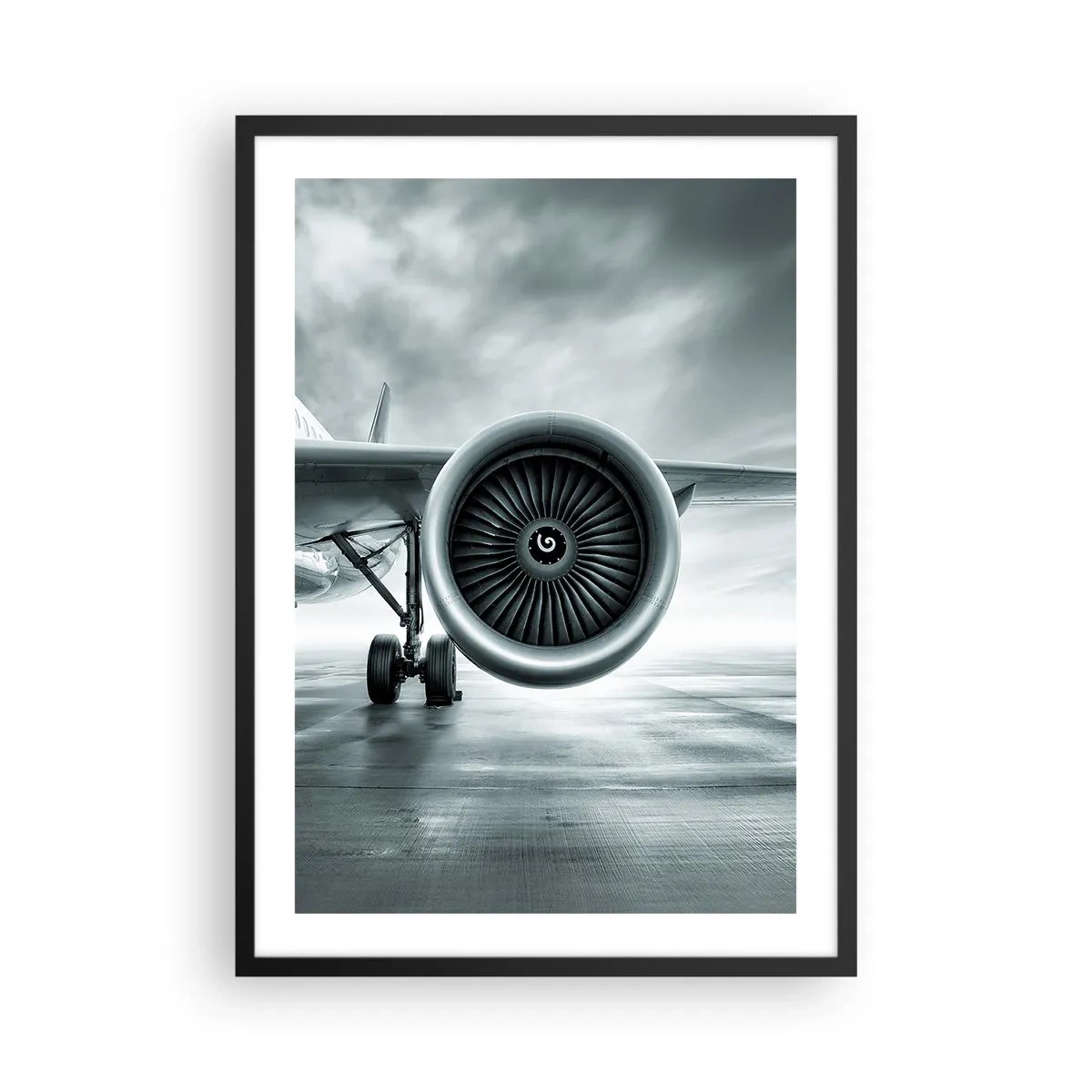 Affiche dans un cadre noir - Poster - Un moteur à réaction d'avion aux tons monochromes - 50x70cm - Sent la force! - Décoration murale moderne pour le salon et la chambre ARTTOR
