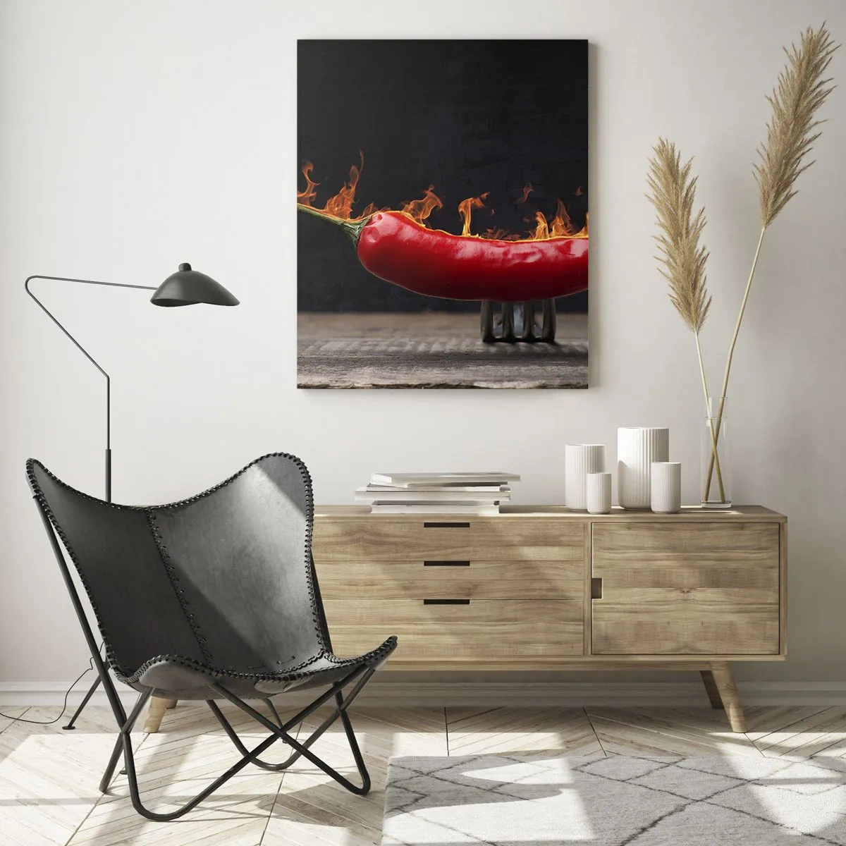 Impression sur verre - Image sur verre - Poivron rouge flamboyant sur une fourchette - 80x120cm - Un apéritif enflammé - Décoration murale moderne pour le salon et la chambre ARTTOR