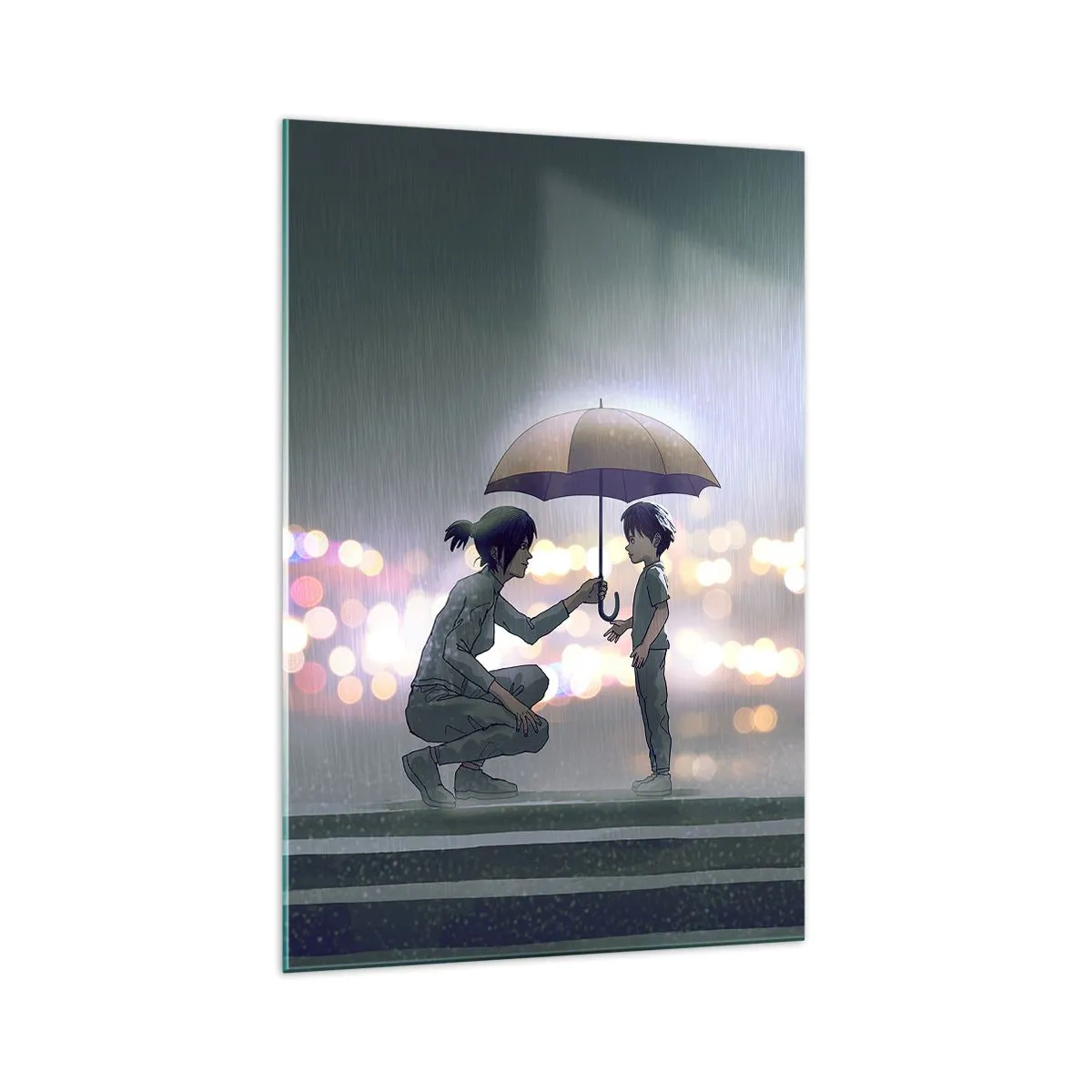 Impression sur verre - Image sur verre - Une silhouette avec un parapluie protégeant un enfant sur fond de lumières nocturnes. - 70x100cm - Et maintenant, tout va bien - Décoration murale moderne pour le salon et la chambre ARTTOR