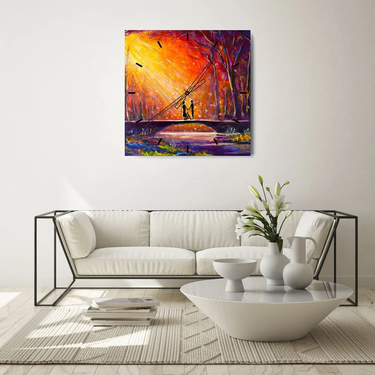Horloge murale - Pendule murale - Couple romantique sur un pont dans la forêt d'automne - 30x30cm - Le ciel les aime aussi - Décoration murale moderne pour le salon et la chambre ARTTOR