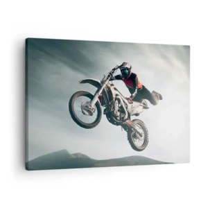 Impression sur toile - Image sur toile - Un motocycliste en l'air lors d'un saut - 70x50cm - Il n'y a pas de plaisir sans risque - Décoration murale moderne pour le salon et la chambre ARTTOR