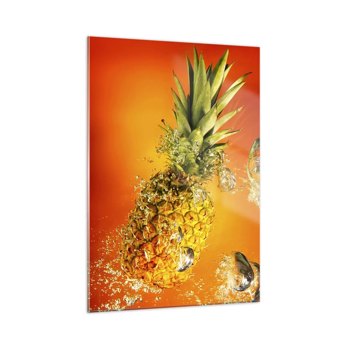 Impression sur verre - Image sur verre - Ananas immergé dans l'eau sur un fond d'orange intense - 50x70cm - Fraîcheur juteuse tropicale - Décoration murale moderne pour le salon et la chambre ARTTOR