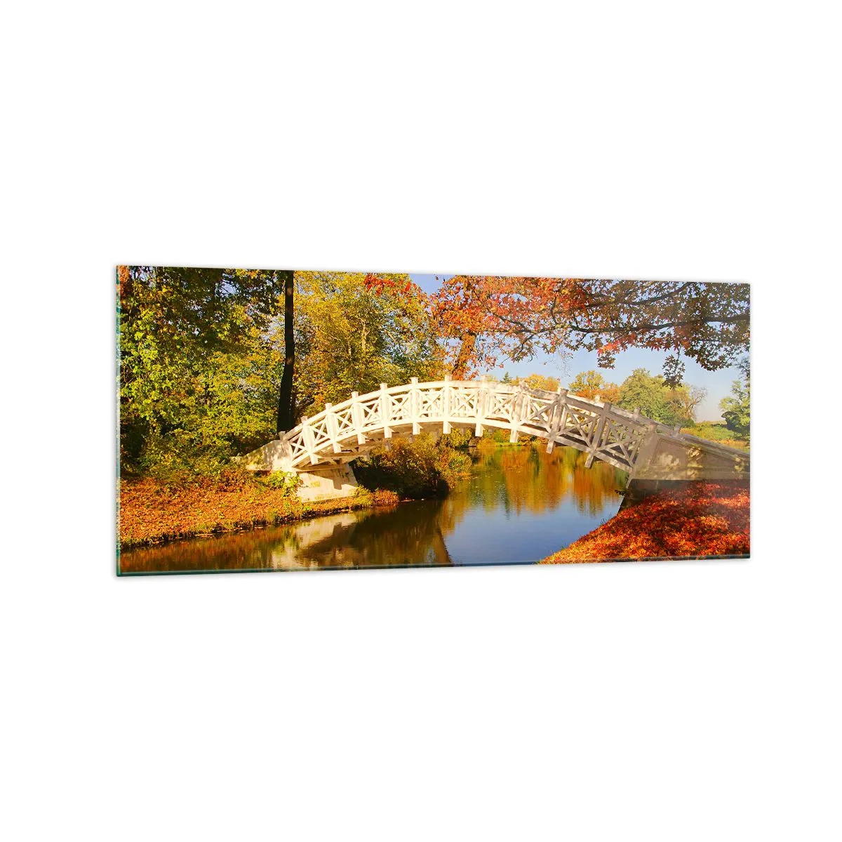 Impression sur verre - Image sur verre - Un pont dans un parc entouré de feuilles d'automne sur une eau calme - 120x50cm - Sur le pont blanc des soupirs - Décoration murale moderne pour le salon et la chambre ARTTOR