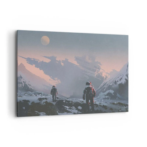 Impression sur toile - Image sur toile - Des astronautes sur une planète extraterrestre avec une épave de vaisseau spatial - 120x80cm - Sous une étoile inconnue - Décoration murale moderne pour le salon et la chambre ARTTOR