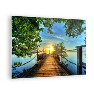 Impression sur verre - Image sur verre - Une jetée surplombant le coucher de soleil sur le lac - 70x50cm - L'ouest au-dessus de l'eau - Décoration murale moderne pour le salon et la chambre ARTTOR