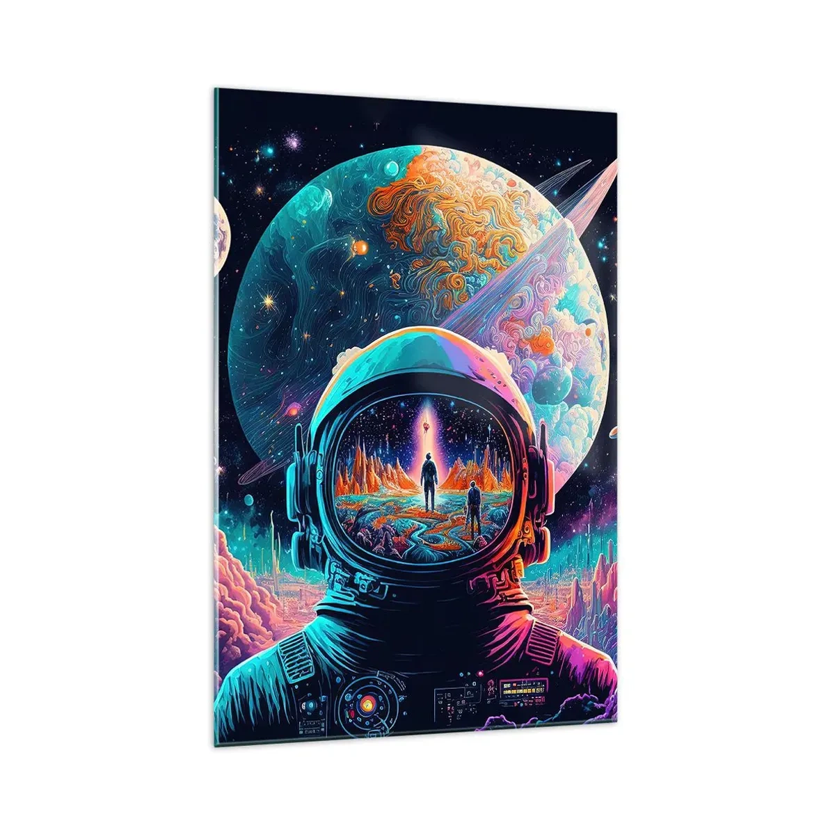 Impression sur verre - Image sur verre - Astronaute dans l'espace avec un paysage planétaire coloré - 70x100cm - Les philosophes n'en ont pas rêvé - Décoration murale moderne pour le salon et la chambre ARTTOR