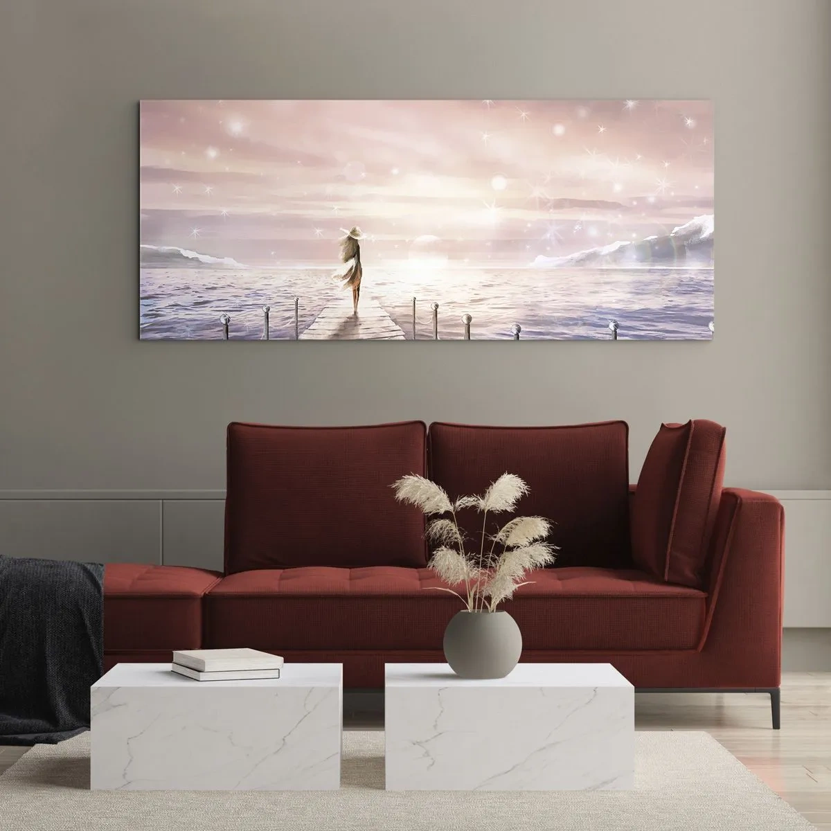 Impression sur verre - Image sur verre - Une femme sur une jetée dans un décor de coucher de soleil magique - 120x50cm - A la lumière d'un rêve - Décoration murale moderne pour le salon et la chambre ARTTOR