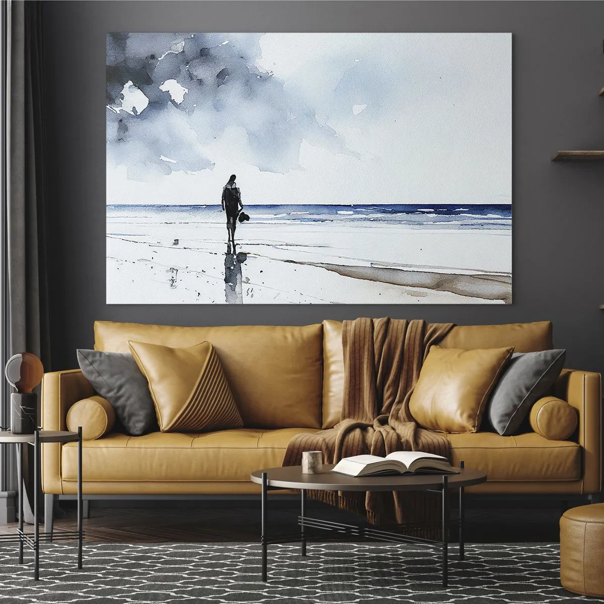 Impression sur verre - Image sur verre - Silhouette d'une personne au bord de la mer dans une aquarelle délicate - 120x80cm - Conversation avec la mer - Décoration murale moderne pour le salon et la chambre ARTTOR