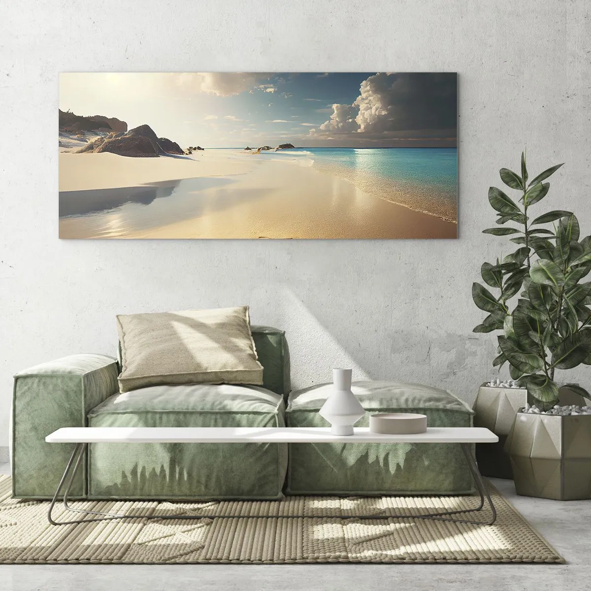 Impression sur verre - Image sur verre - Une plage ensoleillée avec une mer bleue et des rochers - 160x50cm - Une journée de rêve - Décoration murale moderne pour le salon et la chambre ARTTOR