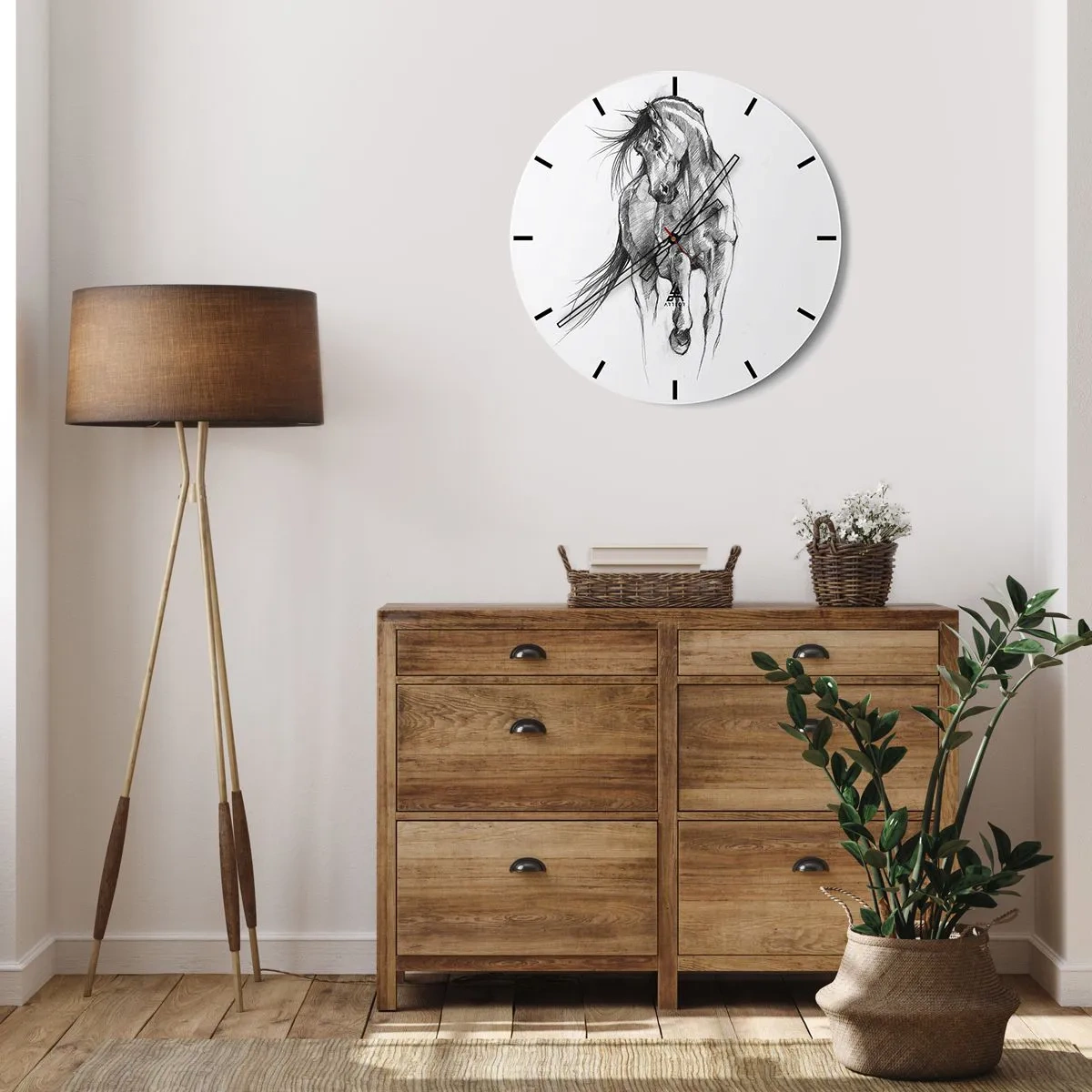 Horloge murale - Pendule murale - Un croquis au crayon d'un cheval au galop sur fond blanc. - 30x30cm - D'un trot gracieux - Décoration murale moderne pour le salon, la cuisine et la chambre ARTTOR